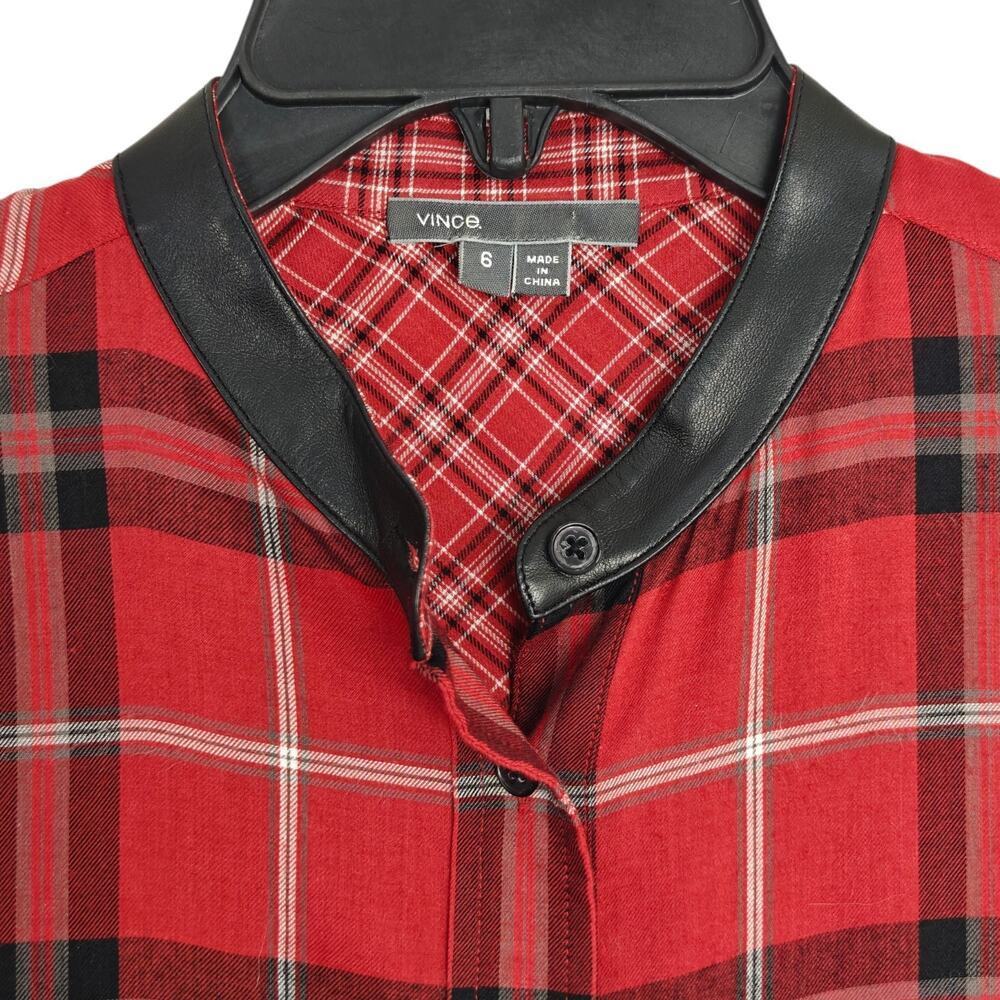 Vince Plaid Button Front Shirt Lamb Leather Collar Size 6 Red Black Long Sleeves - Picture 3 of 11